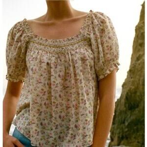 DÔEN Net Sustain Portia Shirred Feathered Floral-Print Blouse Size XL